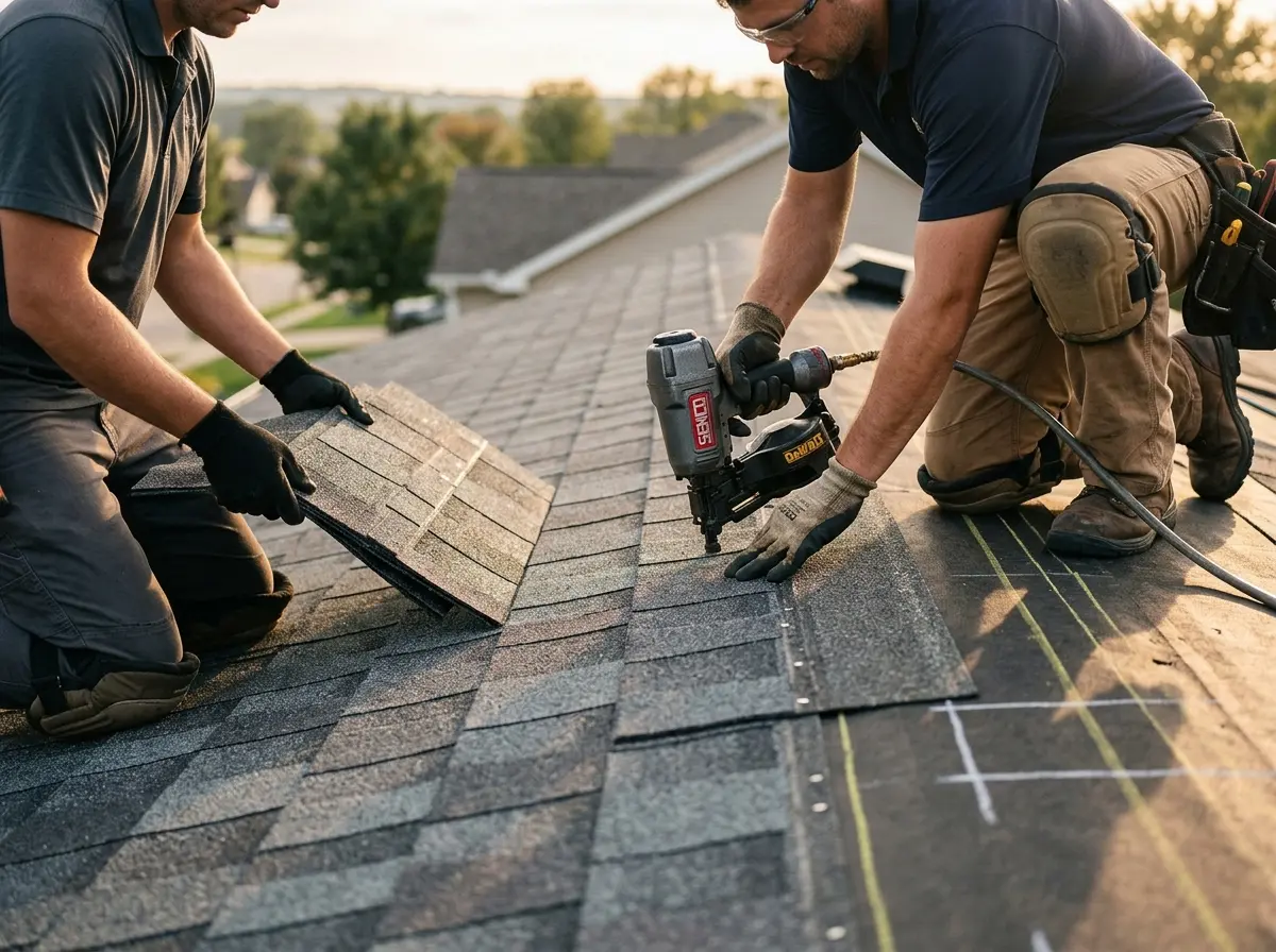 Professional roofer working on a residential roof in Clanton